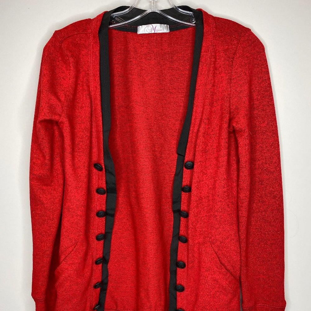 Myan Size S Red w/Black Trim and Buttons Open Cardigan Sweater, EUC